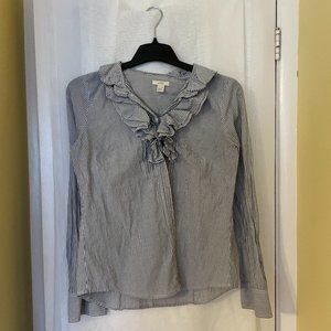 J Crew Ruffle Collar Blue and White Vertical Striped Button-Up Dress Shirt